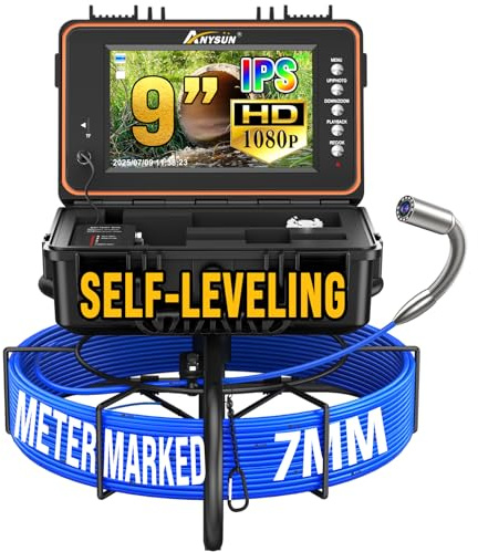Telecamera di Ispezione con Autolivellamento, Anysun Endoscopio Impermeabile IP68 da 23mm, Schermo IPS da 9, DVR 1080P con Scheda da 32GB, cavo da 7mm con Marcatura Metrica, 5100mAh Camera Ispezione
