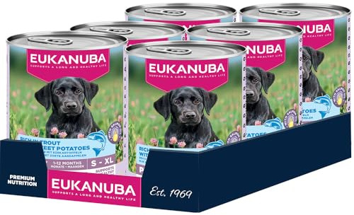 EUKANUBA Cibo umido per cuccioli con trota e patate dolci, alimento umido premium senza cereali per cani junior, 6 x 400 g lattine