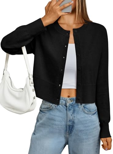 LILLUSORY Cropped Lightweight Cardigan Sweaters for Women Crew Neck Summer Clothes Fashion Spring Outfits 2026 Black M