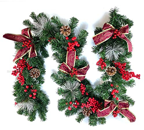 aqxreight Julgirland, 1,8 M 2,7 M Flexibel PVC-konstgjord Girland med Bowknot Bär Xmas Ball för Trappor Räcke Öppen Spis Dörr Träd Julfest Dekoration (1,8 m Röd pilbåge)