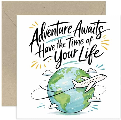 Bon Voyage Card - Adventure Awaits Design - Illustrated Airplane And Globe - Farewell Card For Friends New Job Moving Away - Blank Inside With Envelope