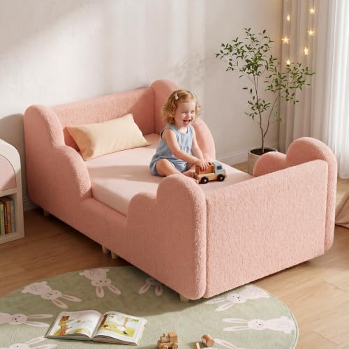 Ryuhic Toddler Bed, 140x70cm Soft Padded Kids Bed with Cloud-Shaped Safety Guardrails, Low Bed Frame for Girls Boys Children, Cot to Bed Transition (Mattress NOT Included)