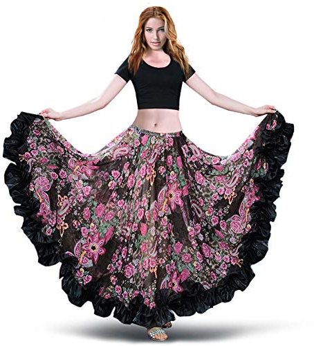 ROYAL SMEELA Flamenco Bauchtanz Rock Damen 360/720 Grad Blumen Chiffon Langer Maxirock Tribal Zigeuner Kostüm