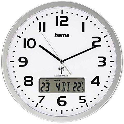 Hama Funk-Wanduhr digital (große Funkuhr mit analoger Zeitanzeige, Wanduhr mit digitaler Kalender- und Temperaturanzeige, inkl. Batterie) Silber