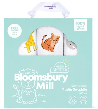 Bloomsbury Mill – 3er-Pack – Große Musselin-Pucktücher aus 100% Bio-Baumwolle – Atmungsaktiv und Unglaublich Weicher Kinderwagen und Stillbezug – Dschungeltiere – Safari - 120cm x 120cm