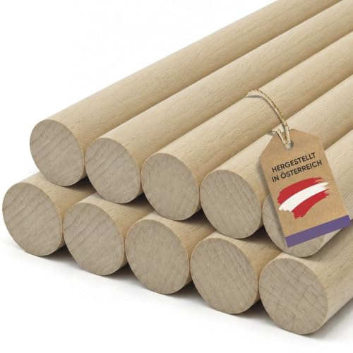 vasalat Varillas de madera lisas para manualidades, 100 cm x 12/14 mm, madera de haya natural, contenido, 10 unidades