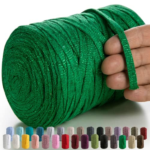 MeriWoolArt makramé, textilgarn för virkning och stickning – gör-det-själv glitter, platt t-shirt, band, garn 10 mm, 125 m – återvunnet bomullsgarn med Lurex, viskos (Lurex grön)