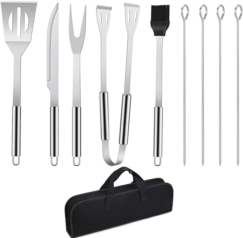 Utensilios de Barbacoa Profesional, 9 Piezas Kit de Herramientas para Barbacoa de Acero Inoxidable con Estuche, Pinza, Espátula, Cepillo, Pinchos para Parrilla, Tenedor de Carne y Cortador