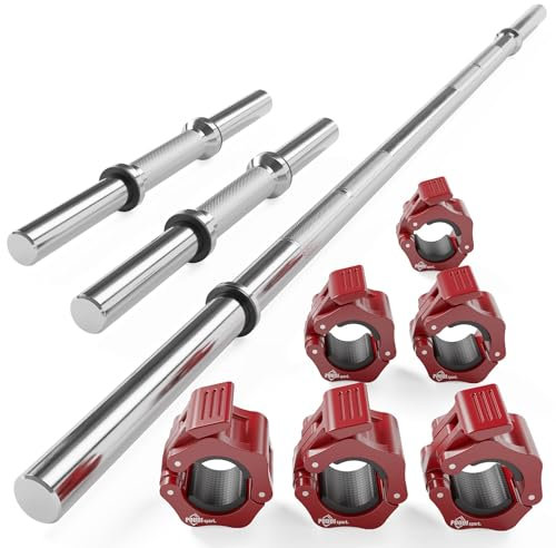 POUDI SPORT 1 Hantelstange 120cm + 2 Kurzhantelstangen 40cm + 6 Rote Hantelverschlüsse | Ø 30mm | Verchromter Stahl