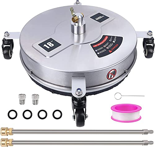 Pressure Washer Surface Cleaner with 4 Wheels, Stainless Steel Housing & 1/4 Quick Connector, Power Washer Attachment with 2 Extension Wands, 2 Replacement Nozzles, 4000 PSI (18inch Silver)
