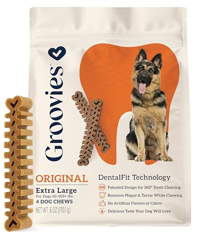 Groovies Flexible, Built to Last Dog Dental Chews, Contact-Cleaning Design Supporting Tartar Control & Fresh Breath, Oral Care Treats, USA Manufactured, Patented DentalFit Tech, XLarge Dogs, 4 Chews