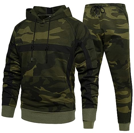 Jamron Hombre Conjunto de Chándal Camuflaje 2 Piezas Sudaderas con Capucha y Pantalones de Chándal Ropa Deportiva Informal Verde Militar XL