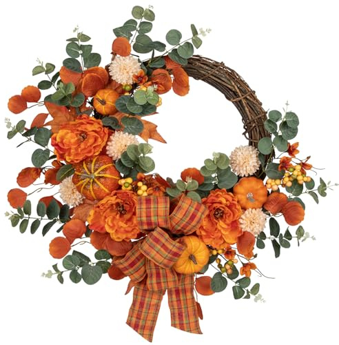 Oairse 60CM Artificial Autumn Half Wreath for Front Door Autumn Decor | Fall Wreath with Pumpkin Peony Eucalyptus Chrysanthemum Ribbon for Halloween Thanksgiving Indoor/Outdoor Farmhouse Wall Décor