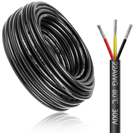 LightingWill 32.8FT/10M 22AWG 3x0.3mm² Electrical Wire 3 Core Cable, 22 Gauge 5V/12V/24V/240V/300V Low Voltage Flexible Extension Cable, Tinned Copper Wires, High Temperature Resistant