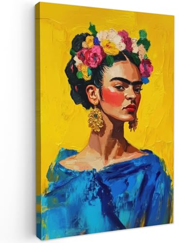 MuchoWow© Impressions sur Toile 40x60 cm Deco Tableau Murale Decoration Salon Peinture Tableaux Chambre Toiles Maison Frida Kahlo - Femme - Jaune - Bleu - Fleurs