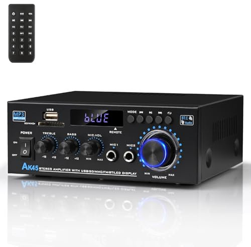 Amplificador de audio estéreo 2025 mejorado AK45 receptor Bluetooth para estéreo doméstico, 400 W, 2 canales, sistema de amplificador de potencia inalámbrico Bluetooth 5.0 con radio FM, USB, tarjeta