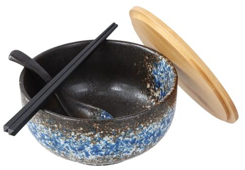 1500ML Juego de Tazones de Ramen Japonés, Ramen Bowl De Cerámica, Cuenco de Sopa Antideslizante con Tapa de Madera Cuchara y Palillos, Tazón de Ramen, for Ensalada Cereales Postre Arroz Pasta Gachas