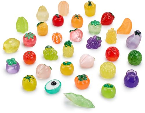 CRAFTMELODY 100 Piezas Resina Frutas Miniaturas Figuras de Frutas Artificiales Piña Fresa Plátano Limón Melocotón Frutas Decoraciones Luminosas Decoración de Frutas