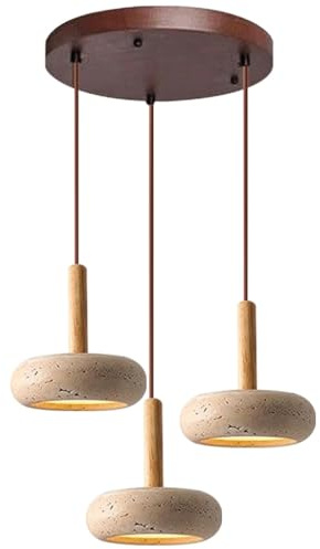 TMKOO Wabi Sabi Taklampa Gul Travertin Med Rond Natursten Skärm Nordiskt Trä LED Taklampa Justerbar Slinga För Sängrum Nattlampa Vardagsrum Kökis(Round)