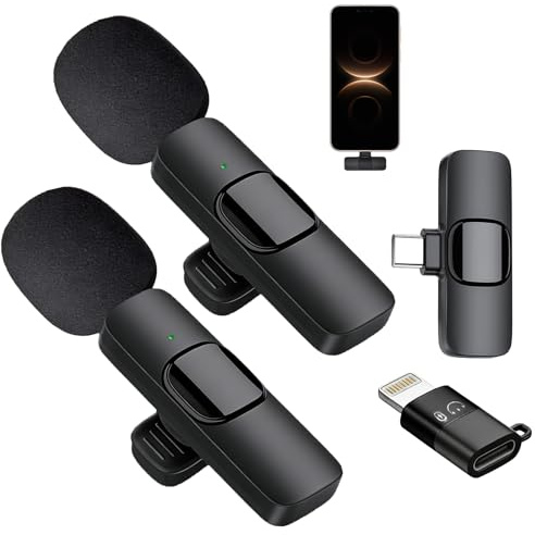 Micrófono Inalámbrico de Solapa para iPhone Android iPad, 2 Pcs Micrófono Inalámbrico, Micrófono Inalámbrico Reducción de Ruido para Grabación de Vídeo, Streaming, Podcasting, Vlogging, Tiktok
