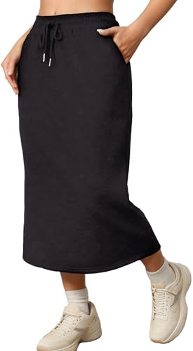 SEAUR Gonna da donna, lunga, elegante, casual, maxi gonna elastica a vita alta, estiva, con tasche, con coulisse, per il tempo libero, linea A, tinta unita, S-2XL, Nero , XL