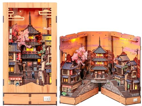 CUTEBEE Book Nook Kit – 3D träbyggsats DIY diorama, japansk Kyoto-gata, miniatyrhus med varm LED, 3D träpussel för vuxna, heminredning, present (Twilight Sakura Path)