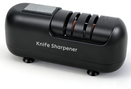 Knivslipare elektrisk, elektrisk knivslip för grova och finer, ergonomisk elektrisk knivsharpener proffs, för knivar med rakt blad, tandade knivar och saxar – svart
