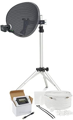 SSL Satellites 60cm Zone1 Portable Satellite Dish Kit Tripod Quad LNB & Satellite Finder - 30M Single RG6 White - Full DIY Kit for Caravan