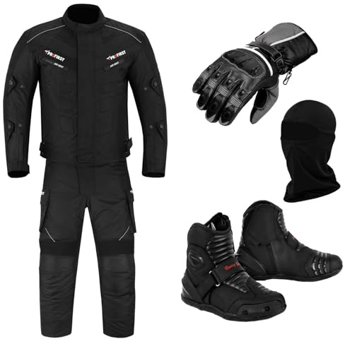 Full Set of Waterproof Motorbike 2 Piece Suit Motorcycle Protective Clothing in Cordura Fabric CE Approved Armours - Jacket + Trouser + Boots + Gloves + Balaclava (Black, M - 38 Chest / 32 Waist)