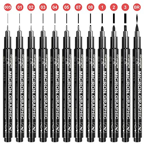 ZITFRI Rotuladores Pincel Negros 12pcs Bolígrafos Tinta de Caligrafía Rotuladores Profesionales de Dibujo Técnico, Plumas de Línea Fina para Dibujo Artista Manga Rotuladores Lettering Punta Fina