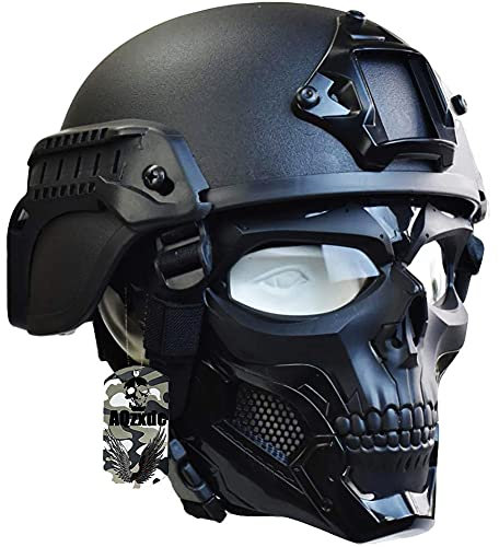 AQzxdc Mich 2000 Style ACH Taktischer Helm, Schädel-Vollmasken-Set mit Seitengittern und NVG-Halterung für Airsoft Paintball Military Protectical Cosplay,Schwarz