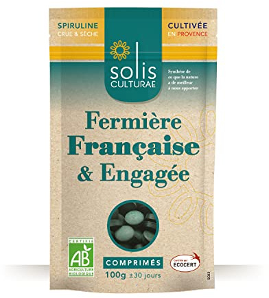 Spiruline bio AB française / 1 sachet 100g soit 200 comprimés 100% spiruline / 30 jours de cure/Renforce l'immunité/Riche en fer/Antioxydant/Boost l'organisme. Entreprise SOLIS CULTURAE