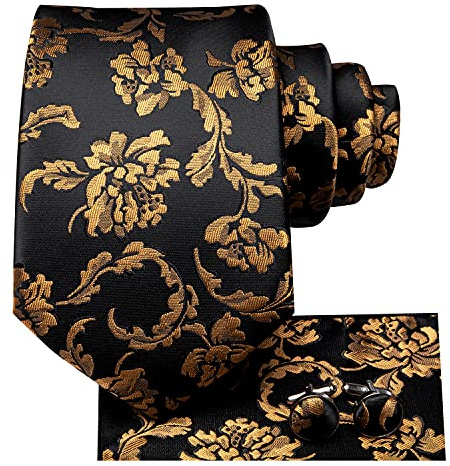 Hi-Tie herr slips set silke slips med ficka fyrkantiga manschettknappar set randig slips för bröllop affärer, Svart guld blommig, M