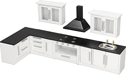 plplaaoo Dollhouse Kitchen Furniture Kit, 7pcs 1:12 Wooden Mini Dollhouse Kitchen Cabinet,Dollhouse Modern Kitchen Furniture Set for Dollhouse Decoration,Miniature Dollhouse Accessories
