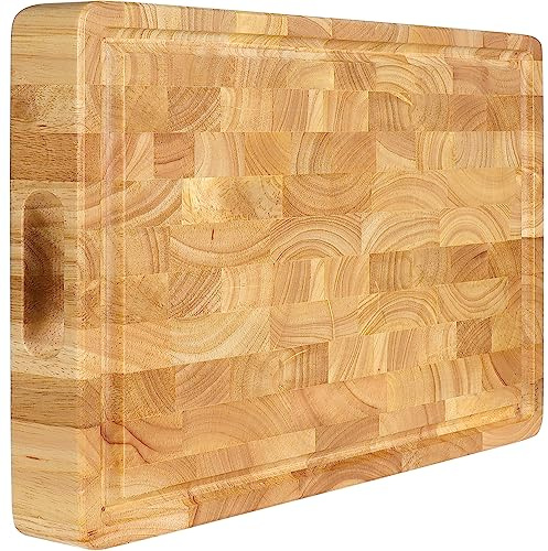 End Grain Wood Cutting Board with Built-in Compartment & Juice Groove, Thick Butcher Block Chopping Board for Meat, Vegetables & Serving, Reversible Wooden Kitchen Cutting Board (20x15x1.5 Inches)