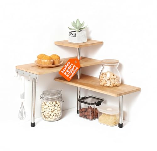 Avilia - Mensola Scaffale Angolare per Cucina 3 Ripiani Legno Bambù Struttura in Acciaio Mobile Angolare Portaspezie Portaoggetti in Bamboo con Ganci (Legno)