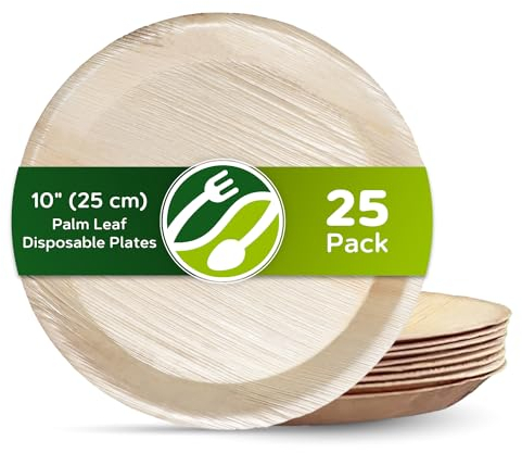 ECO Leaf 25 Disposable Palm Leaf Plates | 10”(24cm) Deep Round Bamboo Plates, Compostable Dinner Plates | Eco-Friendly Disposable Plates for Hot Food,Biodegradable Strong Plate |Microwave & Oven Safe
