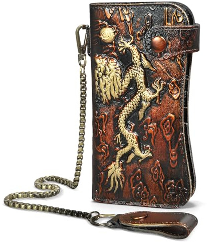 Handadsume Genuine Crazy Horse Leather Travel Gift Coin Pocket Card Case Long Organizer Chain Rfid Wallet Purse With Snap For Men Male 1088 (1088 Orange)