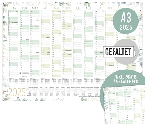 Häfft® Wandkalender 2025 A3 gefalzt (42 x 29,7 cm) Blattgold Wandplaner mit Ferien-Übersicht und Feiertagen + gratis A4-Kalender - nachhaltig & klimafreundlich