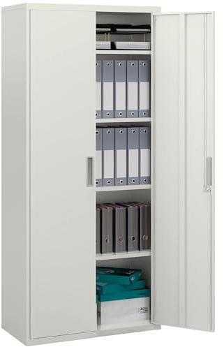 HOMCOM Armadio Ufficio a 5 Livelli con 4 Ripiani Regolabili, Armadio in Metallo Portadocumenti con 2 Ante, Serratura e 2 Chiavi, 80x40x180 cm, Bianco