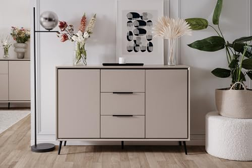 möbelando Sideboard >Arona< 2 Türen, 3 Schubladen, 4 Böden, in Sand/Schwarz - 135x90x38cm (BxHxT)