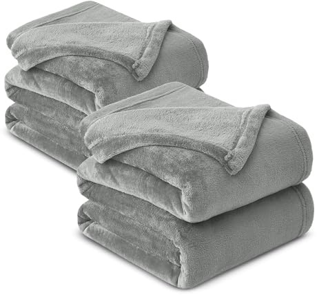 Hafaa Fleece Blanket Throw Double 2 Pack Fluffy Throws for Sofas - 400 GSM Soft Cosy Warm Bed Blankets for Adults Kids Twin Size, Silver Grey, 150x200cm