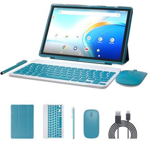 NOVOJOY 2 in 1 Tablet 10 Inch Android 15 OS Tableta, Tablets with Keyboard, Mouse, Case, Stylus, 32GB ROM+8GB RAM, 2MP+8MP Dual Camera, Quad Core Processor, 6000mAh Battery, 10.1 in FHD Tab Navy.