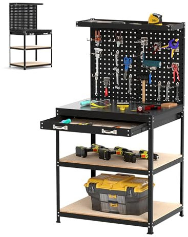 SOARS Werkbank mit Lochwänden, Werkzeugbank Metall mit 3 offenen Regalen & Zubehörteilen zum Aufhängen für Garage, Werkstatt (Schwarz, 81 x 41 x 156 cm)