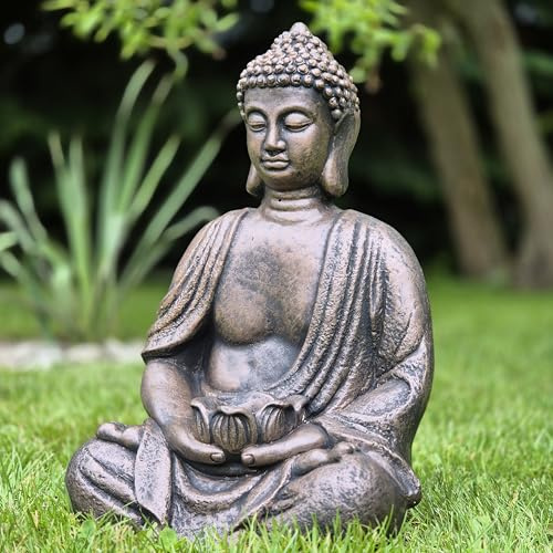 FABRIQ Grande statue de Bouddha 40 cm – 12 kg en pierre artificielle – Cuivre – Résistant aux intempéries et au gel – Pour jardin et intérieur