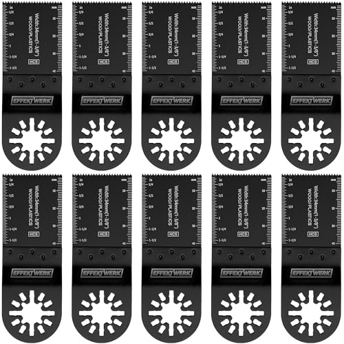 EffektWerk - Multitool Saw Blades - 34mm, 10 Pack - Flush Cut Blades for Oscillating Tool/Vibrating Cutter - Universal HCS Blades for Cutting Wood/Plastic