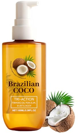 Coconut Body Oil Formula Brazilian Coco - Deep Moisturising Body Oil for Dry Skin - Lightweight Glow Oil for Body & Massage - Skin Tightening & Firming of Bum, Bust & Belly - Fast Absorbing Hydration