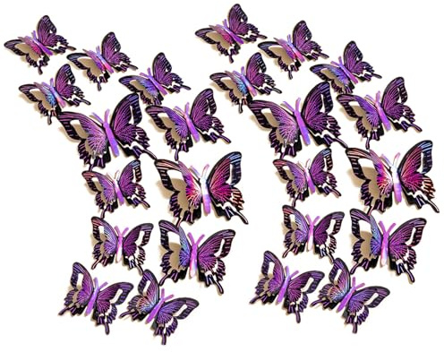 Huoflame 3D Butterfly Wall Decor 24 Pcs Multiple Sizes Styles Butterfly Decorations for Party Birthday Room Wall Stickers for Crafts (PVE Black Purple)