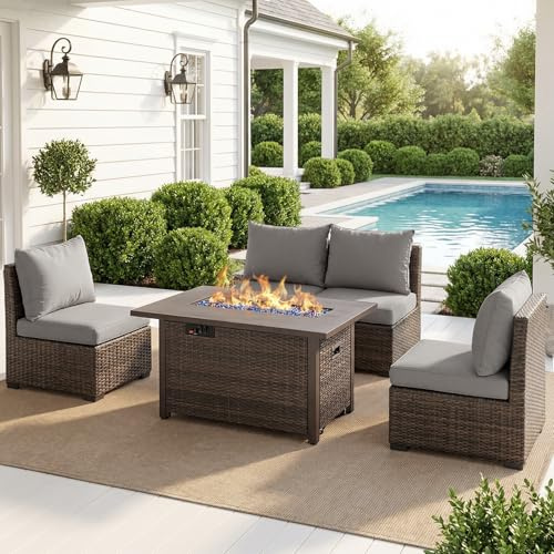 RUIJOROO Patio Furniture Set with Fire Pit Table, Outdoor Sectional Rattan Sofa Set, Patio Set Seating Furniture with Thickened Cushions (Gray, 5 Pieces)
