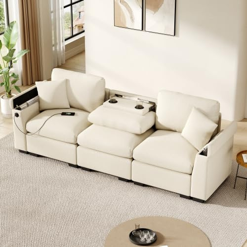 vutizal Divano multifunzione a 3 posti - con tavolo pieghevole e porta USB, rivestimento in ciniglia, portabevande e spazio di archiviazione, per home theater e soggiorno - colore: Beige - Compatto e